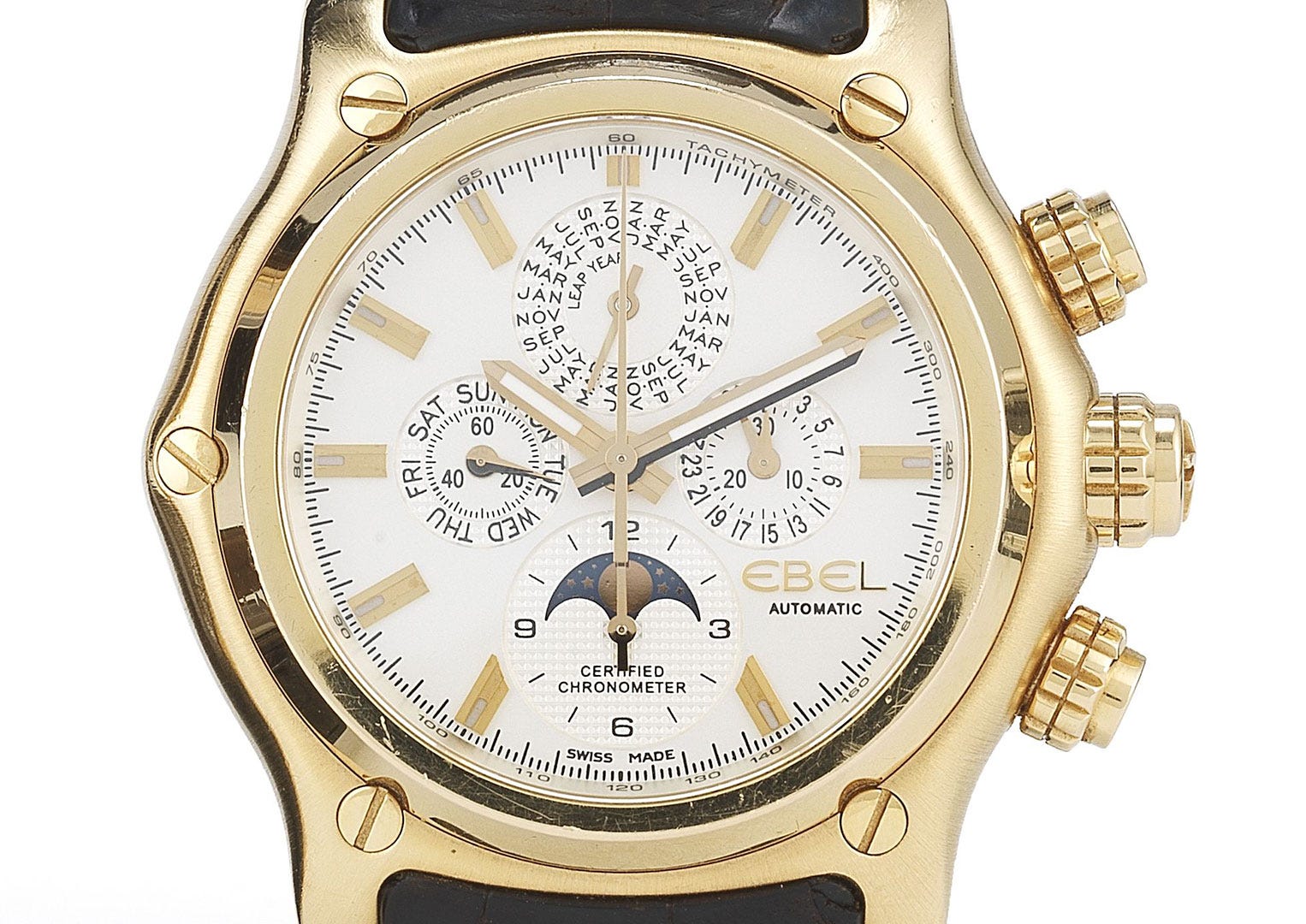 An Ebel automatic perpetual calendar chronograph in 18k yellow gold. Image courtesy of Bonhams