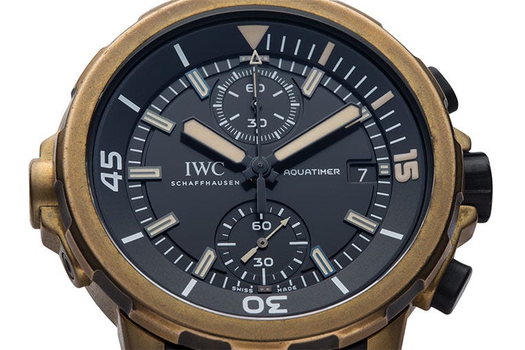 The bronze case houses an in-house chronograph movement with flyback mechanism